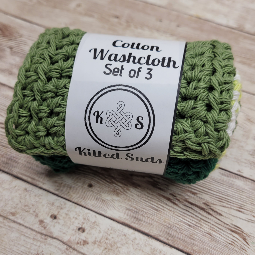 Set of 3 Cotton Washcloths - Shades of Green