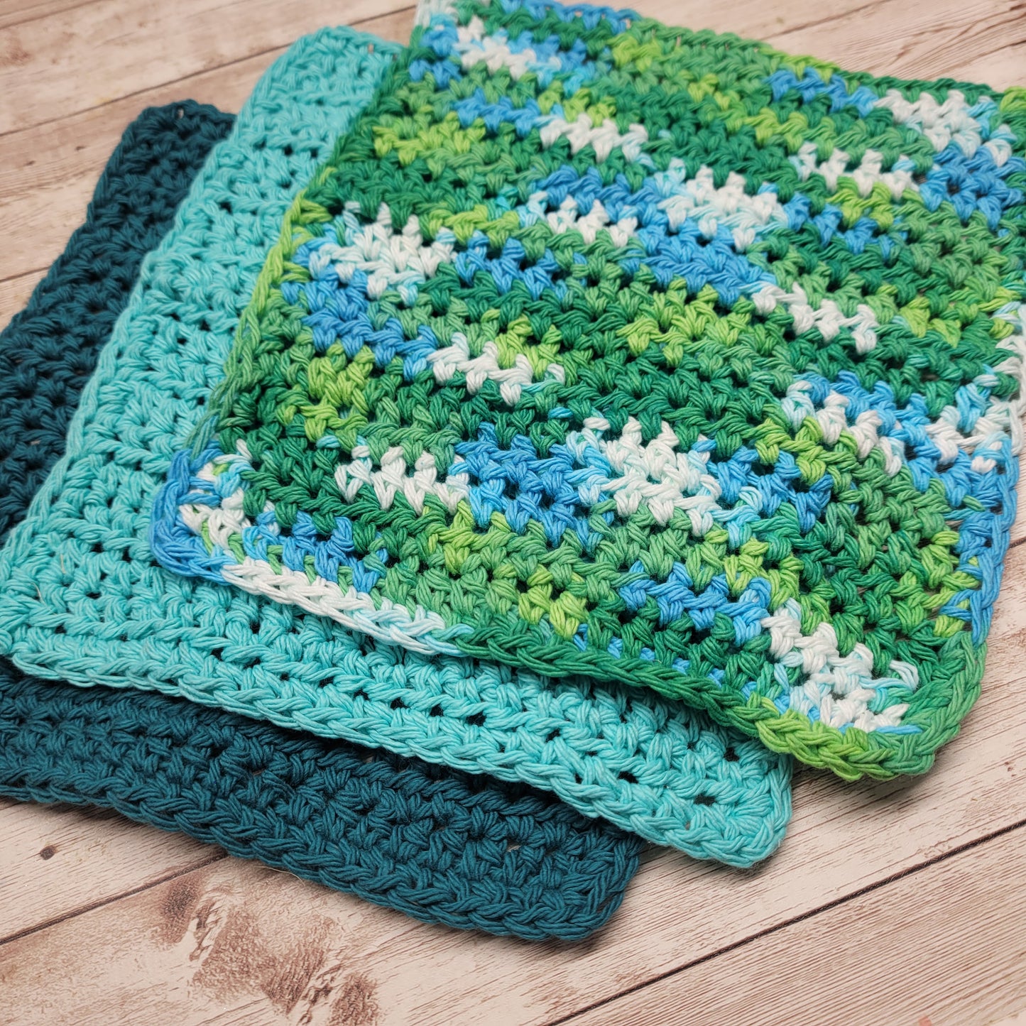 Set of 3 Cotton Washcloths - Teals