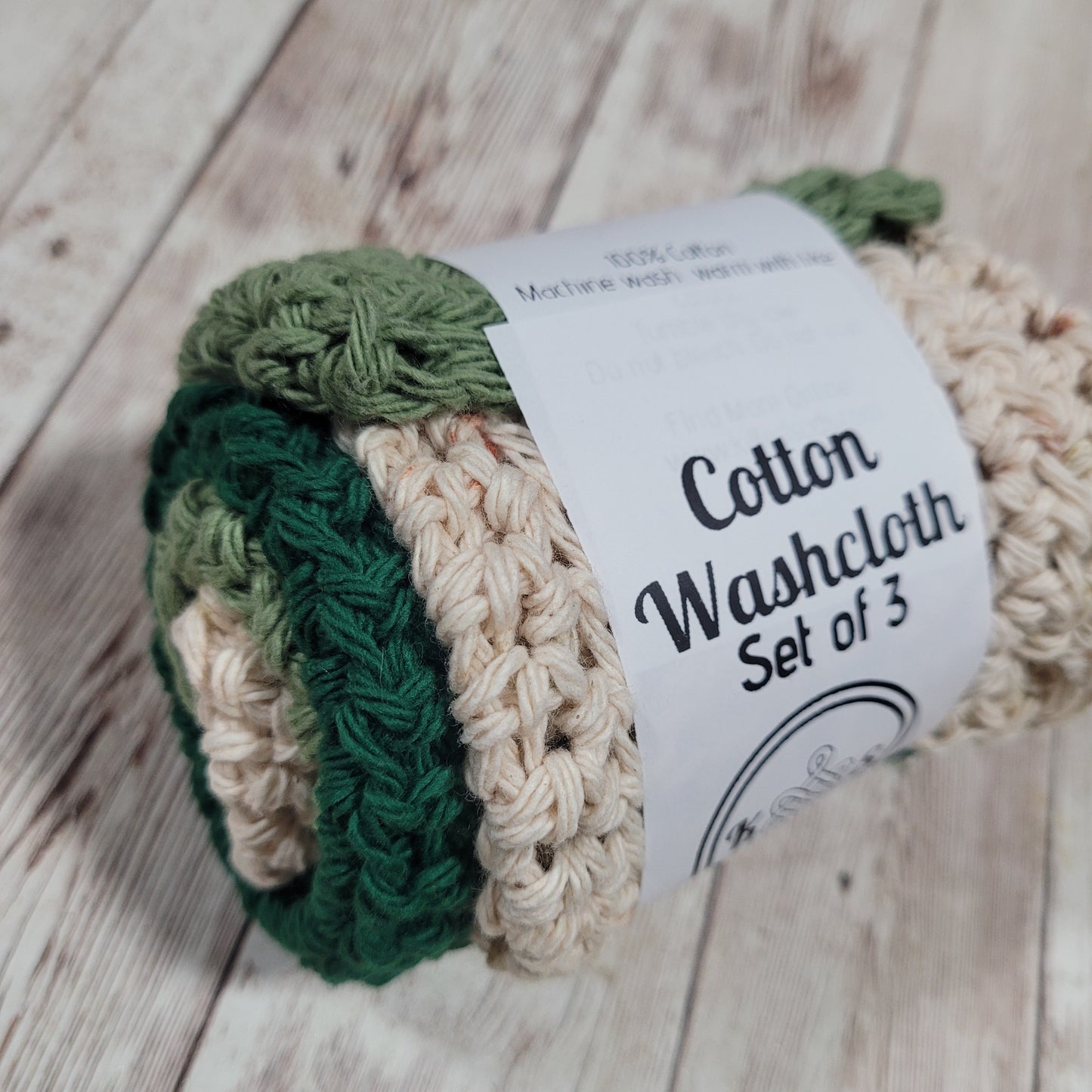 Set of 3 Cotton Washcloths - Natural Green